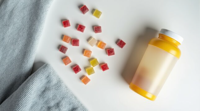 Creatine gummies bottle with colorful gummies, shaker bottle, and gym towel, bright modern setting, no people
