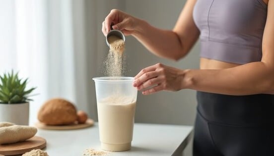 Young sporty woman preparing protein shake meal replacement after workout- Athletic female adds powder into a cup- Healthy food, drink for muscle growth, weight loss- Bodybuilding lifestyle-
